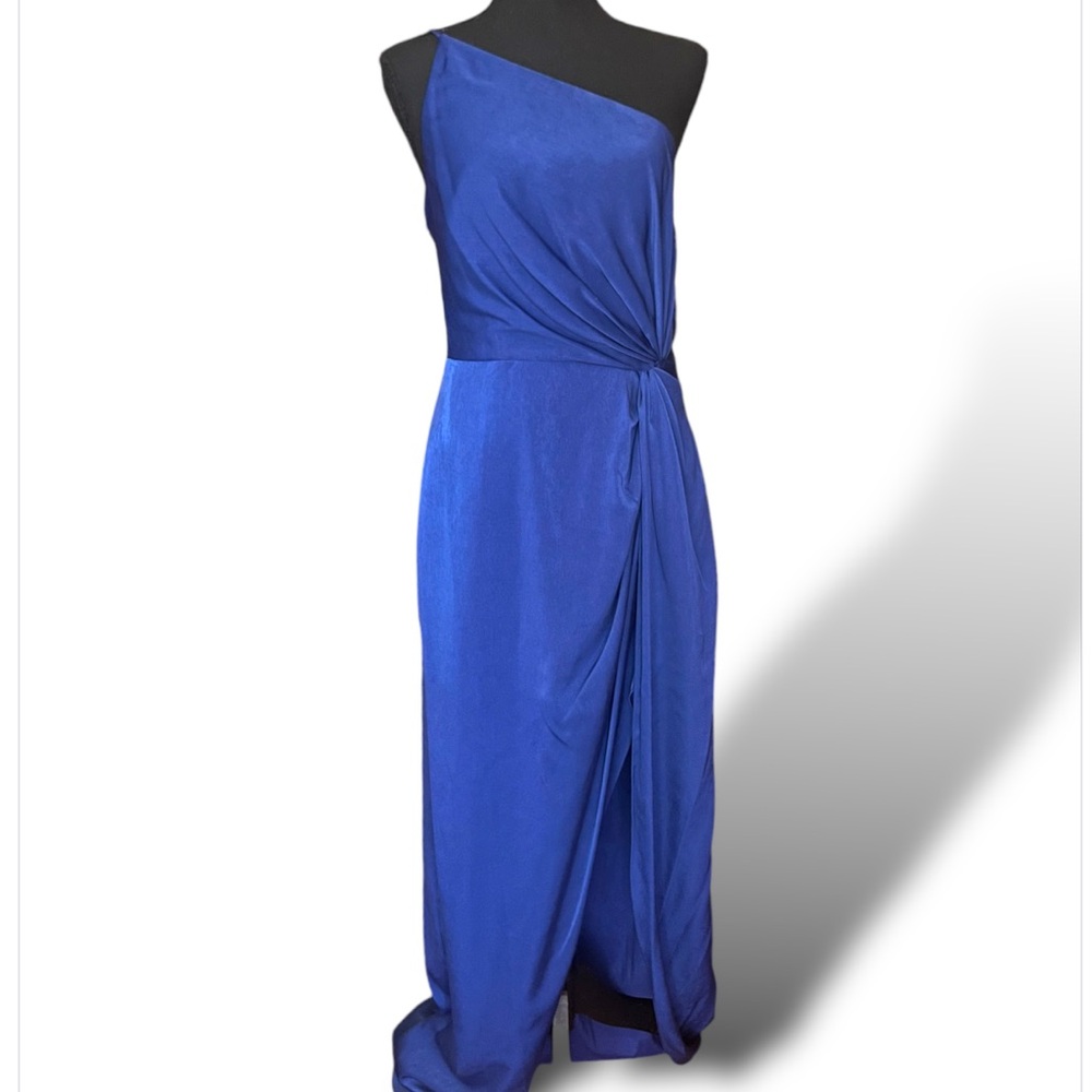 Liv Foster Asymmetrical Charmeuse Side Slit Evening Gown, Royal Blue, Sz 10, NWT - Picture 4 of 16